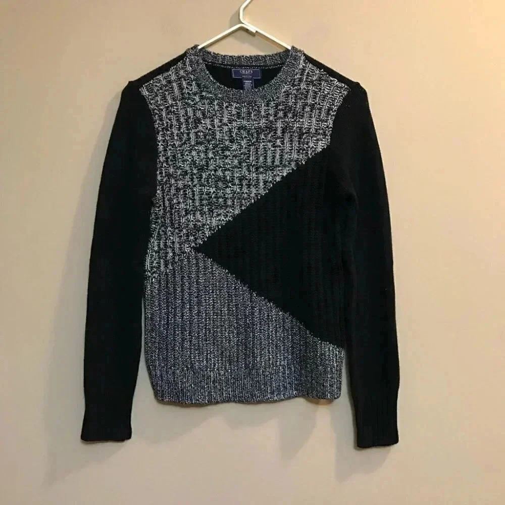 CHAPS SZ PETITE M Black Color block KNIT TOP Sweater PULLOVER